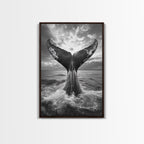 Whale Tail Splash, Ocean Sunset, Marine Majesty, Powerful Moment, Framed Canvas Print, Nautical Art, Coastal Living Room Decor