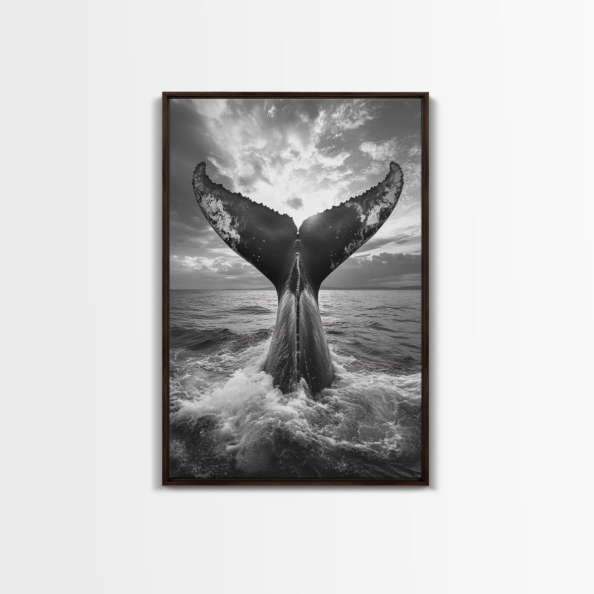 Whale Tail Splash, Ocean Sunset, Marine Majesty, Powerful Moment, Framed Canvas Print, Nautical Art, Coastal Living Room Decor