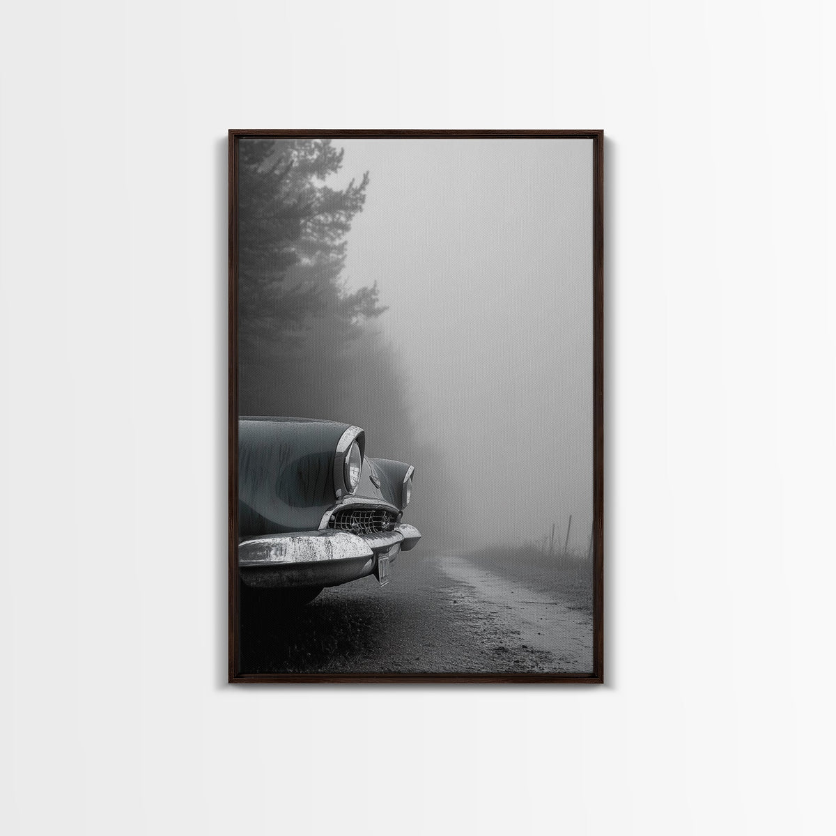 Vintage Car, Foggy Road, Moody Drive Aesthetic, Canvas Print, Industrial Retro Wall Art, Garage Office Decor, Monochrome Travel Art