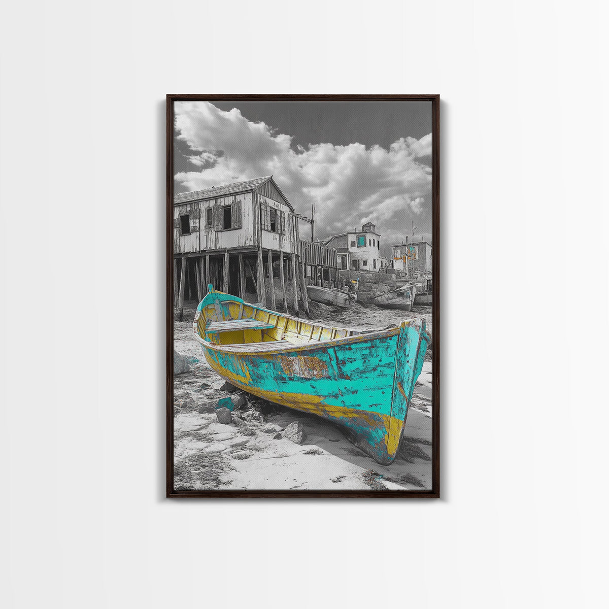 Rustic Boat, Coastal Village, Vintage Shore, Seaside Scene, Framed Canvas Print, Nautical Wall Art, Cottage Decor, Seaside Living