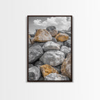 Golden Boulders, Earthy Texture, Nature Stones, Framed Canvas Print, Industrial Office Wall Art, Minimalist Landscape, Rock Photography