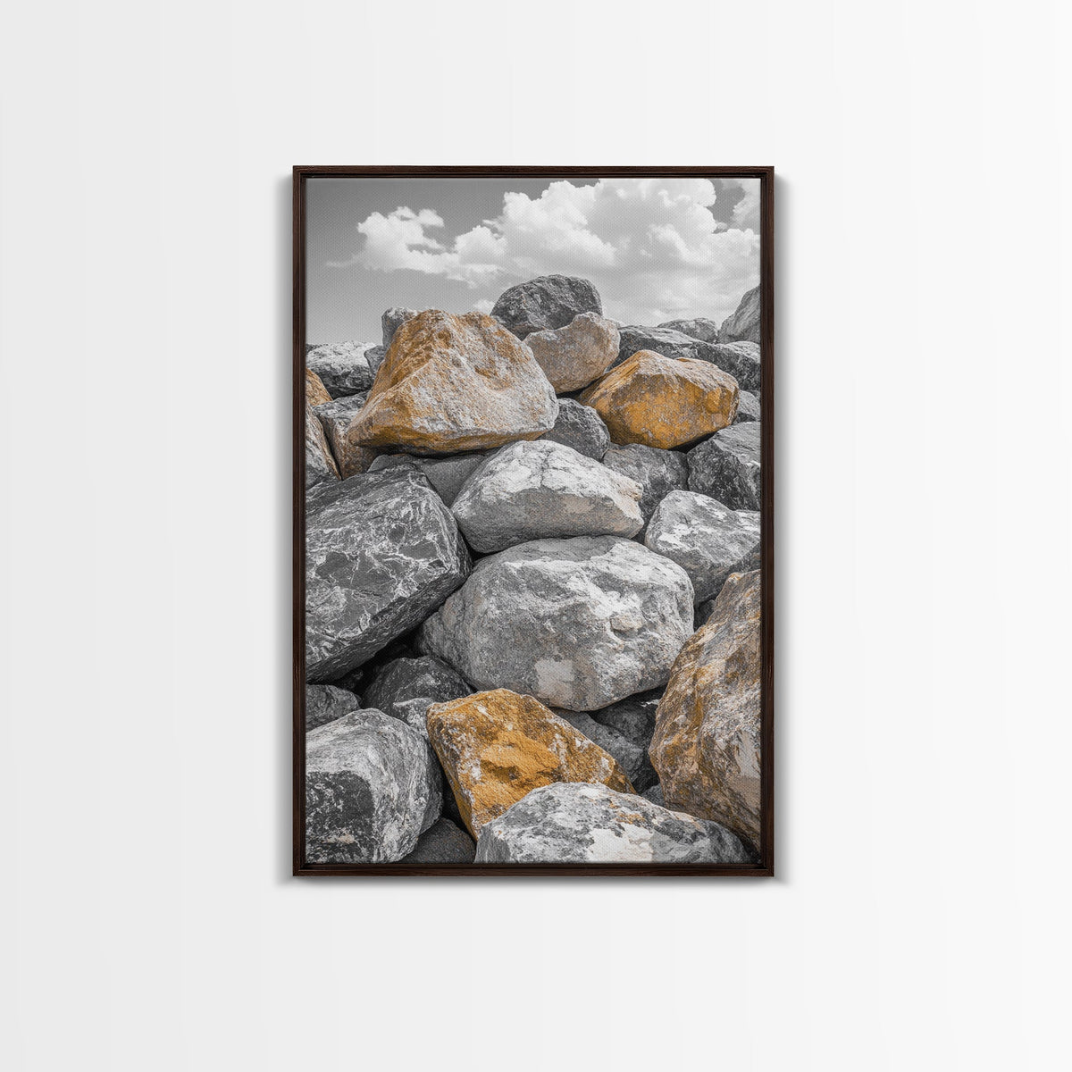 Golden Boulders, Earthy Texture, Nature Stones, Framed Canvas Print, Industrial Office Wall Art, Minimalist Landscape, Rock Photography