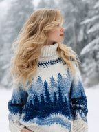 Womens Autumn High-Neck Sweater Retro Print American Streetwear Brand Loose-Fit Sweater