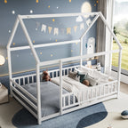 Full Size Floor Wooden Bed with House Roof Frame