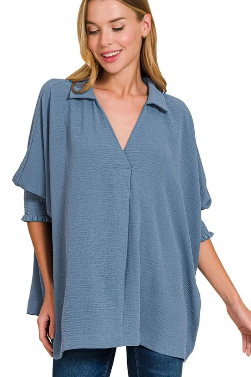 Airflow Collar Tee with Smocked Sleeve Band Top in DUSTY BLUE