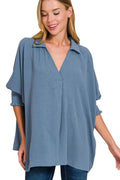 Airflow Collar Tee with Smocked Sleeve Band Top in DUSTY BLUE