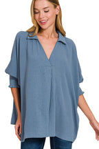 Airflow Collar Tee with Smocked Sleeve Band Top in DUSTY BLUE