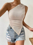 Asymmetrical One-Shoulder Waffle Knit Tank
