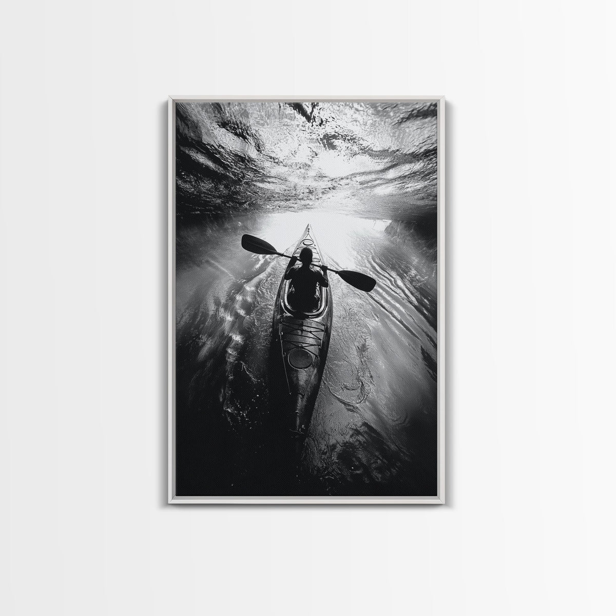 Kayaking Exploration, River Reflections, Adventure Sport, Framed Canvas Print, Office Wall Art, Moody Travel Photography, Nature Wall Decor