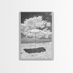 Beach Umbrella, Sunny Escape, Coastal Cloudscape, Framed Canvas Print, Summer Vibe Wall Art, Outdoor Living Decor, Travel Mood