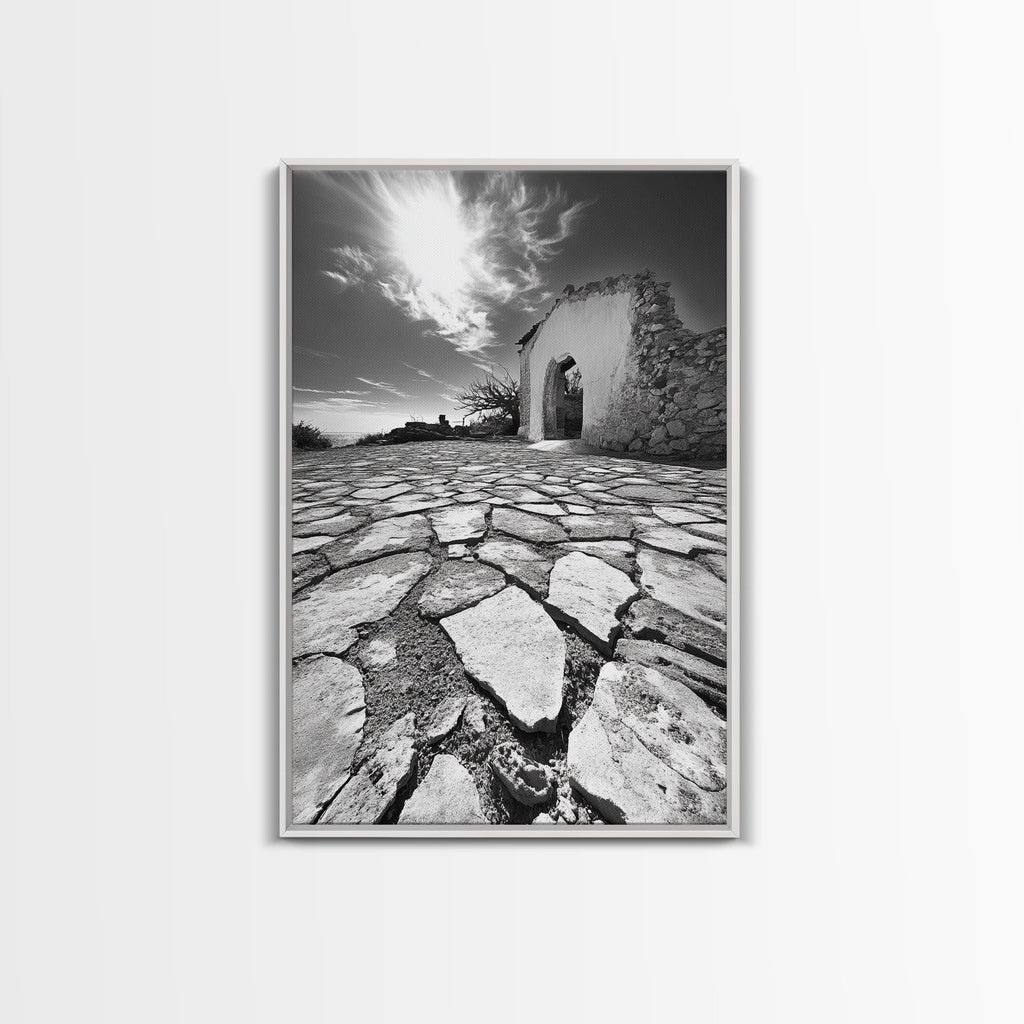 Desert Archway, Stone Ruins, Sunny Sky, Canvas Print, Rustic Travel Wall Art, Mediterranean Decor, Minimalist Earthy Aesthetic