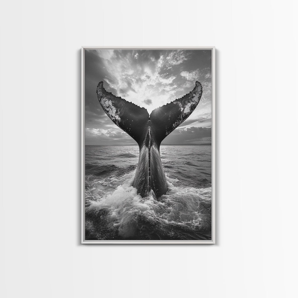 Whale Tail Splash, Ocean Sunset, Marine Majesty, Powerful Moment, Framed Canvas Print, Nautical Art, Coastal Living Room Decor