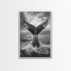 Whale Tail Splash, Ocean Sunset, Marine Majesty, Powerful Moment, Framed Canvas Print, Nautical Art, Coastal Living Room Decor