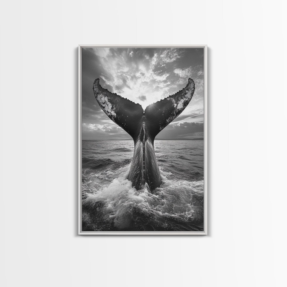 Whale Tail Splash, Ocean Sunset, Marine Majesty, Powerful Moment, Framed Canvas Print, Nautical Art, Coastal Living Room Decor