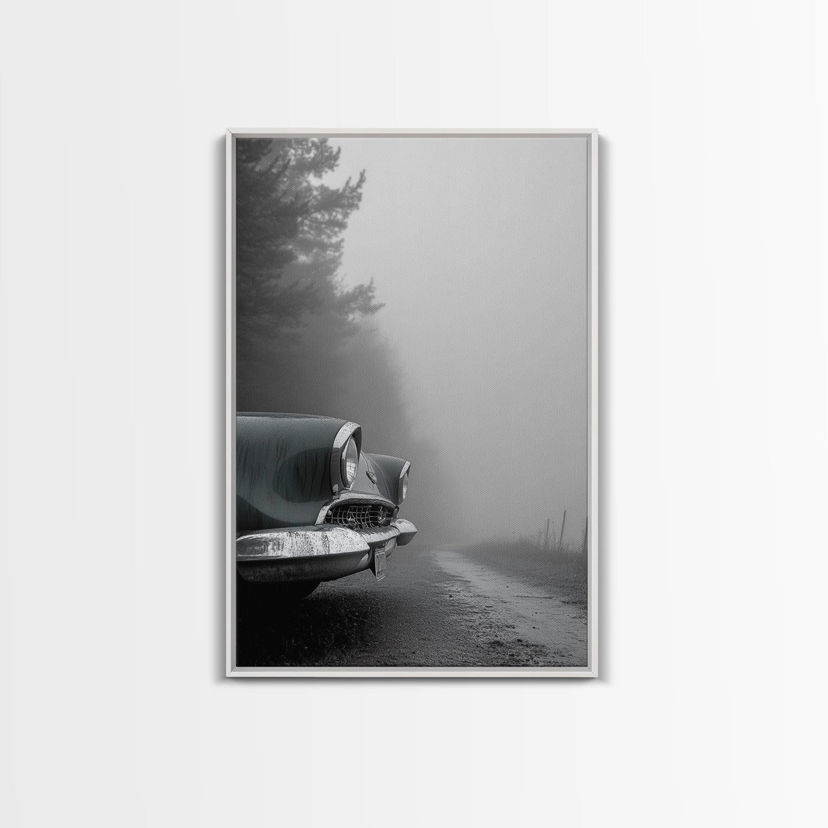 Vintage Car, Foggy Road, Moody Drive Aesthetic, Canvas Print, Industrial Retro Wall Art, Garage Office Decor, Monochrome Travel Art