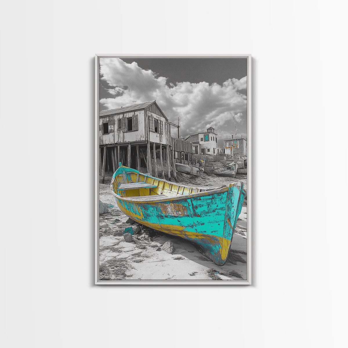 Rustic Boat, Coastal Village, Vintage Shore, Seaside Scene, Framed Canvas Print, Nautical Wall Art, Cottage Decor, Seaside Living