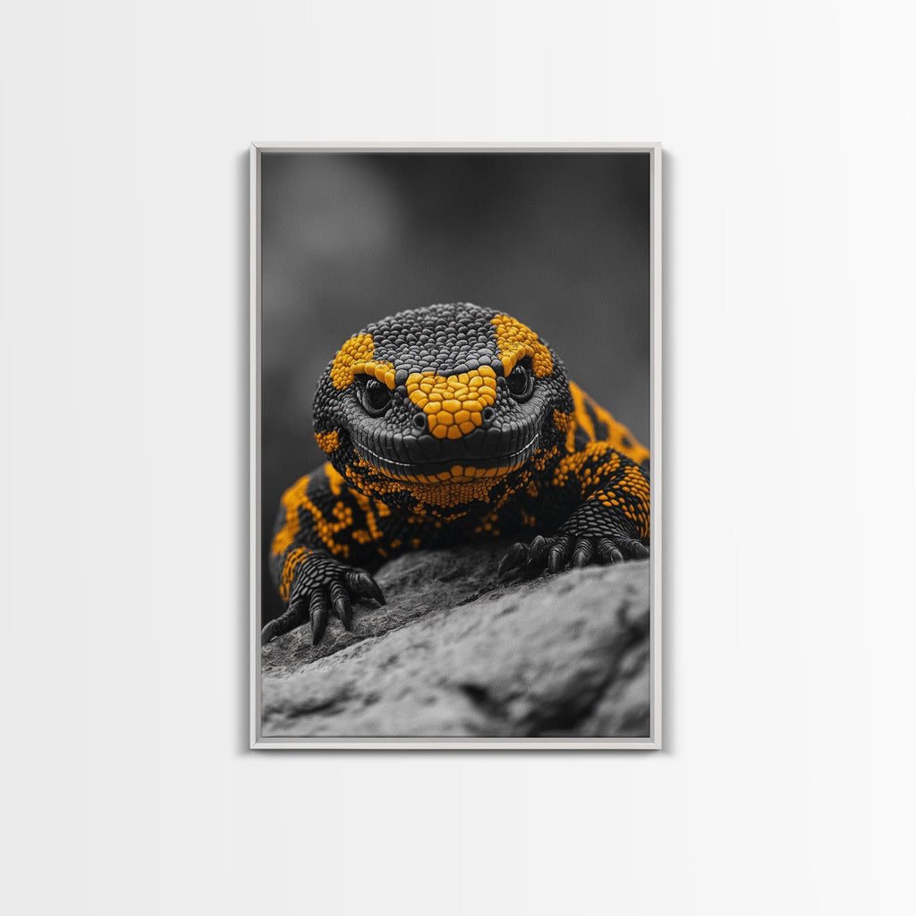 Lizard Close Up, Yellow and Black, Reptile Macro, Framed Canvas Print, Nature Photography, Animal Art, Man Cave Wall Art, Wildlife Decor