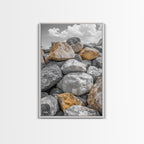 Golden Boulders, Earthy Texture, Nature Stones, Framed Canvas Print, Industrial Office Wall Art, Minimalist Landscape, Rock Photography