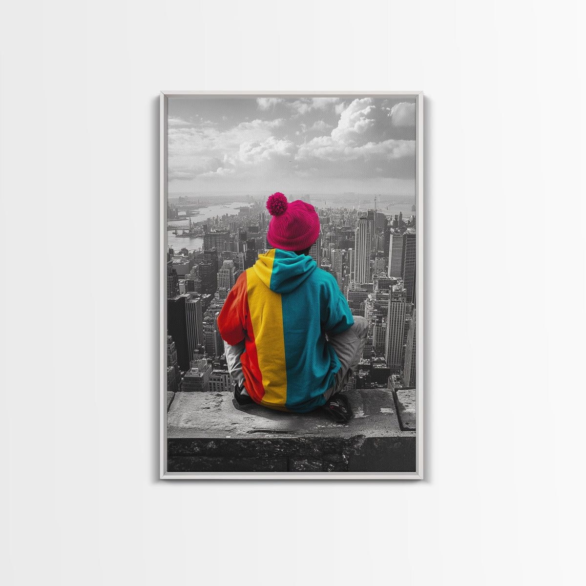 Urban View, Colorful Hoodie, NYC Vibes, Canvas Print, Cityscape Wall Art, Street Style Decor, Modern Apartment Statement Art