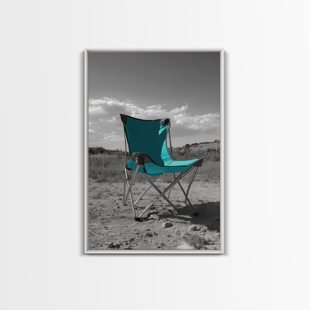 Teal Camp Chair, Outdoor Minimalism, Desert Art, Canvas Print, Camping Wall Decor, Nature Photo, Rustic Retreat, Cabin Wall Art