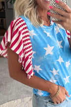 Vintage Star Print Striped Ruffle Sleeve Independence Day Top