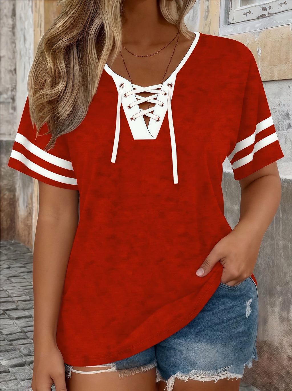 Color-Block Half-Sleeve V-Neck Plus-Size Womens T-Shirt