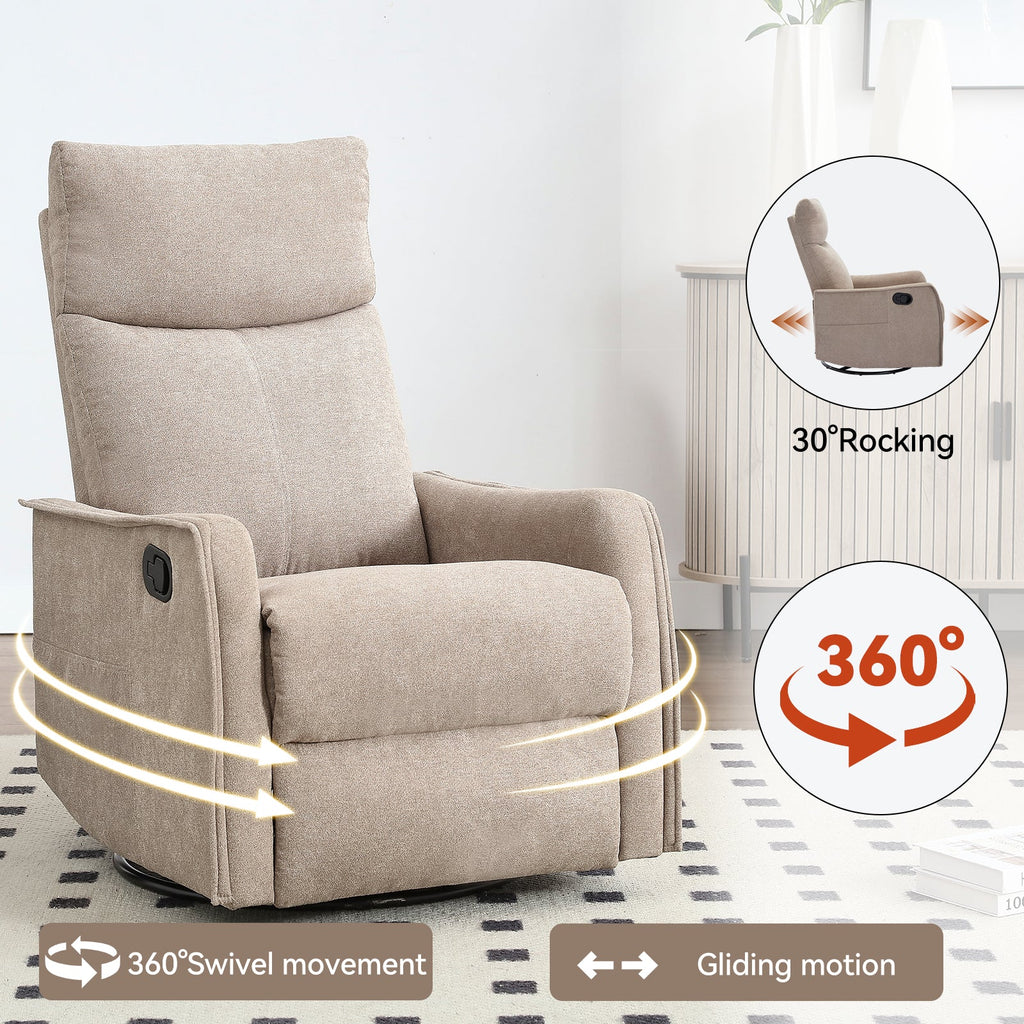 Heat Massage Manual Recliner Chair with Rocker and Swivel in Fabric for Living Room, Khaki