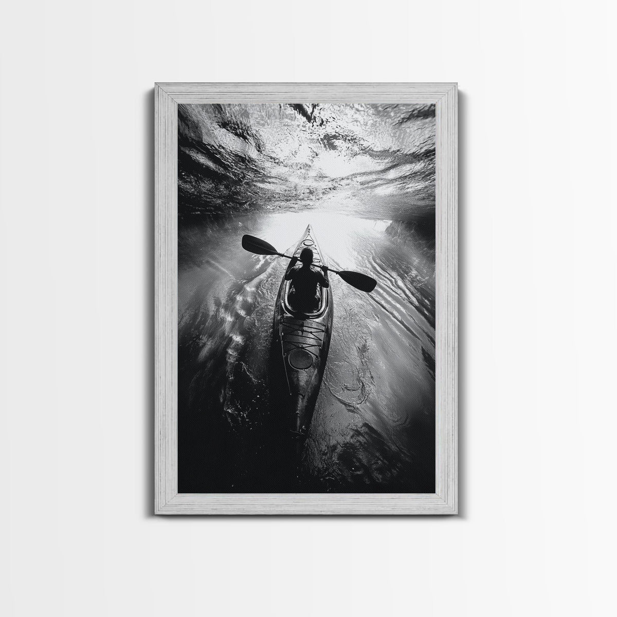 Kayaking Exploration, River Reflections, Adventure Sport, Framed Canvas Print, Office Wall Art, Moody Travel Photography, Nature Wall Decor