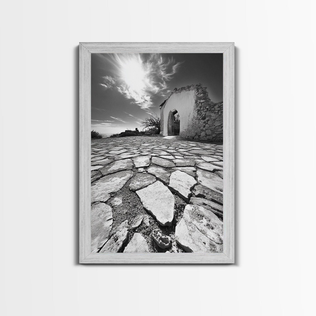 Desert Archway, Stone Ruins, Sunny Sky, Canvas Print, Rustic Travel Wall Art, Mediterranean Decor, Minimalist Earthy Aesthetic
