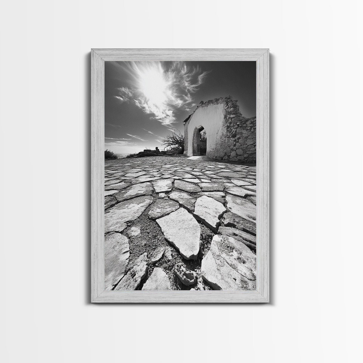Desert Archway, Stone Ruins, Sunny Sky, Canvas Print, Rustic Travel Wall Art, Mediterranean Decor, Minimalist Earthy Aesthetic