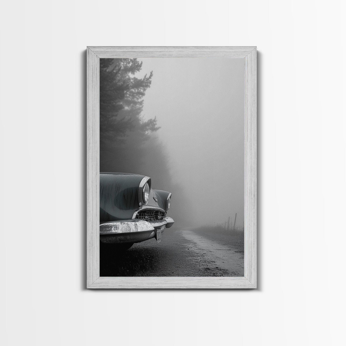 Vintage Car, Foggy Road, Moody Drive Aesthetic, Canvas Print, Industrial Retro Wall Art, Garage Office Decor, Monochrome Travel Art