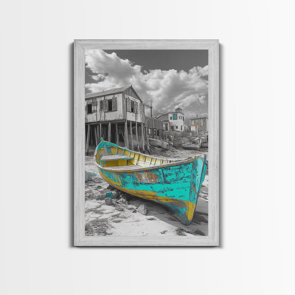 Rustic Boat, Coastal Village, Vintage Shore, Seaside Scene, Framed Canvas Print, Nautical Wall Art, Cottage Decor, Seaside Living