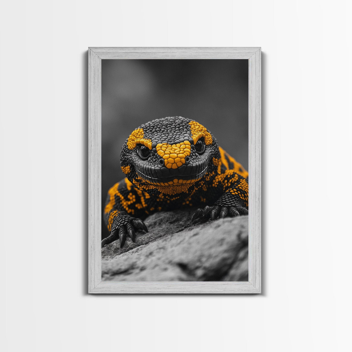 Lizard Close Up, Yellow and Black, Reptile Macro, Framed Canvas Print, Nature Photography, Animal Art, Man Cave Wall Art, Wildlife Decor