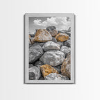 Golden Boulders, Earthy Texture, Nature Stones, Framed Canvas Print, Industrial Office Wall Art, Minimalist Landscape, Rock Photography