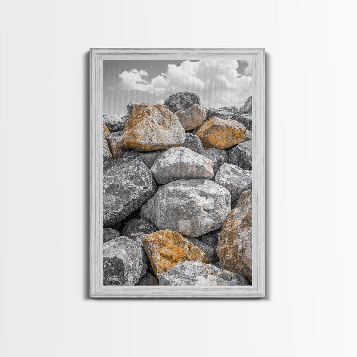 Golden Boulders, Earthy Texture, Nature Stones, Framed Canvas Print, Industrial Office Wall Art, Minimalist Landscape, Rock Photography
