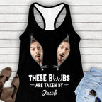 Personalized Funny Photo AOP Women's Racerback Tank Top - Funny Gift Idea for Couple/Her - These Boobs Are Taken By