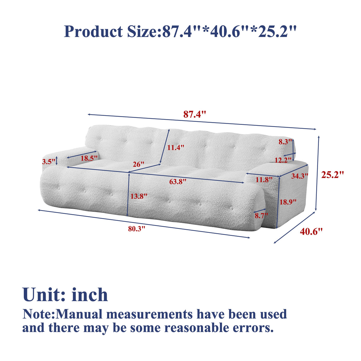 87.4-Inch Cloud Series Minimalist Button-Tufted Square Arm Three-Seater Sofa