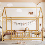 Twin Size Floor Wooden Bed with House Roof Frame, Fence Guardrails