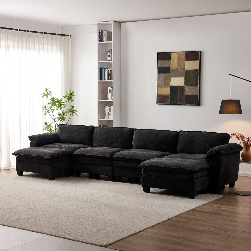 Luxury Chenille Upholstered U Shape Sofa with Two Ottomans