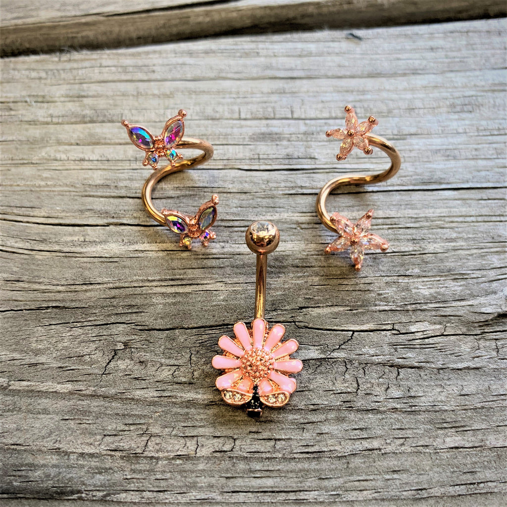 14G 3/8 Aurora Gem Rose Gold Tone Butterfly Spiral Twister Ring