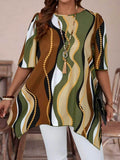 2026 Spring & Summer Amazon Cross-border European & American Women's Random Print Asymmetric Hem Crew Neck T-shirt