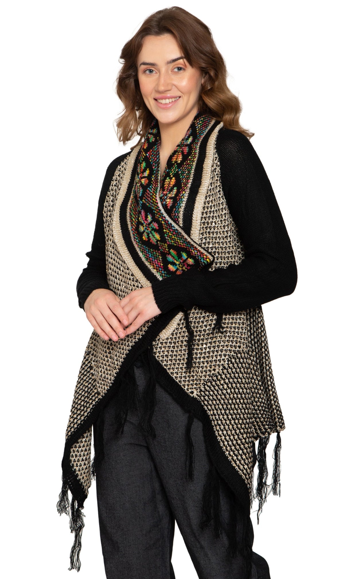 Women's Open Front Fringed Jacquard Weave Long Cardigan