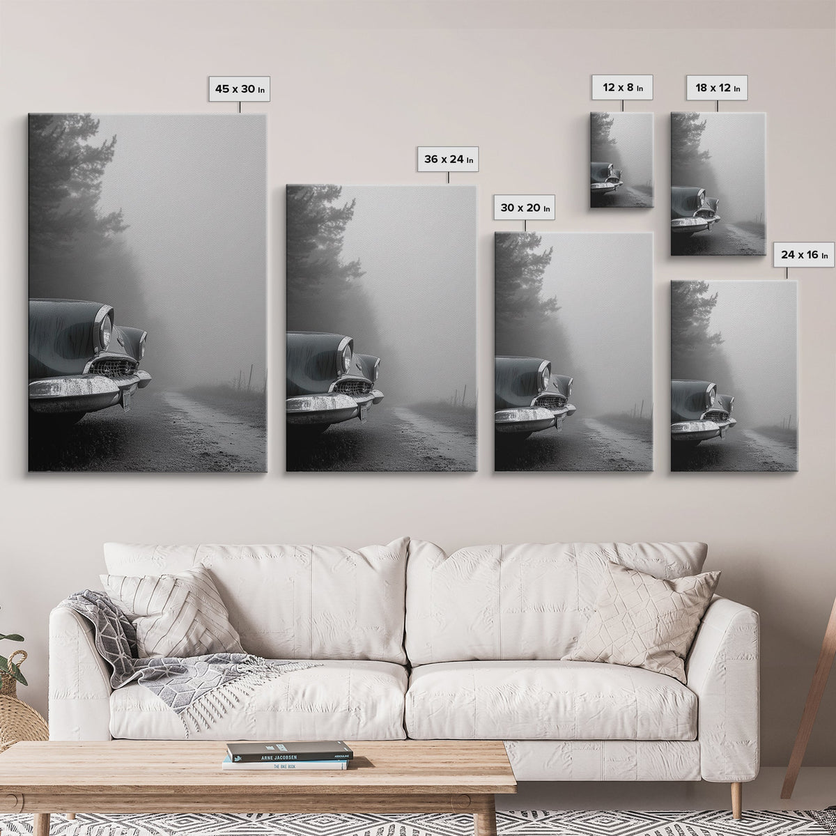 Vintage Car, Foggy Road, Moody Drive Aesthetic, Canvas Print, Industrial Retro Wall Art, Garage Office Decor, Monochrome Travel Art