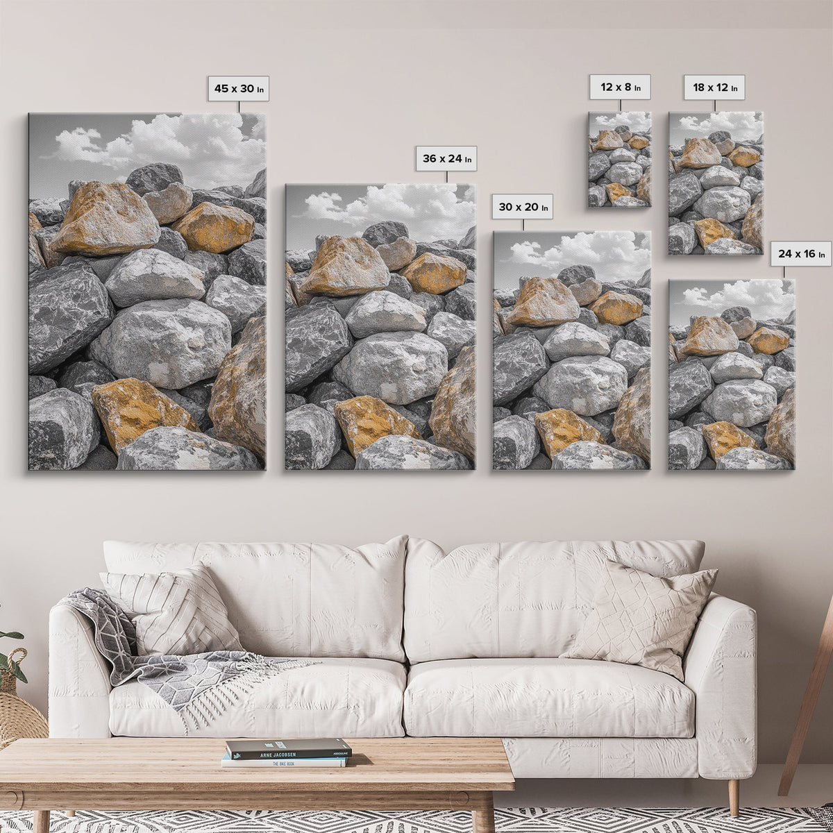Golden Boulders, Earthy Texture, Nature Stones, Framed Canvas Print, Industrial Office Wall Art, Minimalist Landscape, Rock Photography