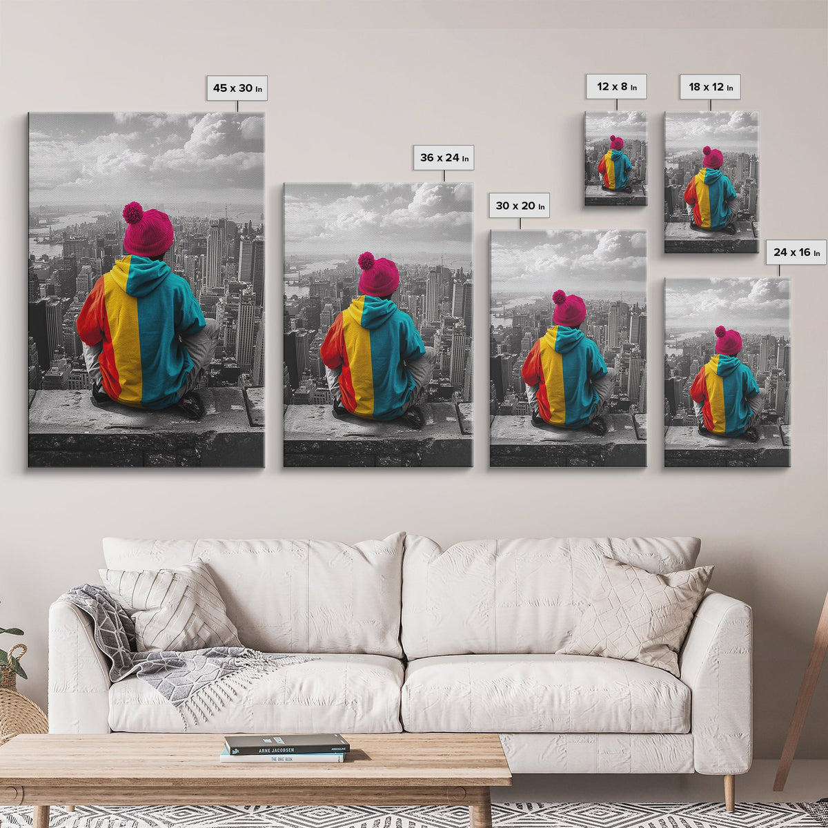 Urban View, Colorful Hoodie, NYC Vibes, Canvas Print, Cityscape Wall Art, Street Style Decor, Modern Apartment Statement Art