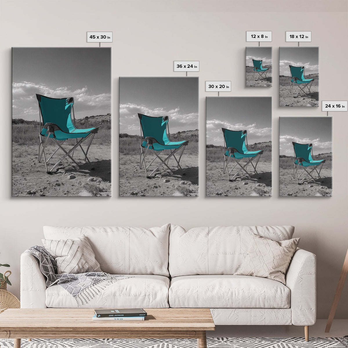 Teal Camp Chair, Outdoor Minimalism, Desert Art, Canvas Print, Camping Wall Decor, Nature Photo, Rustic Retreat, Cabin Wall Art
