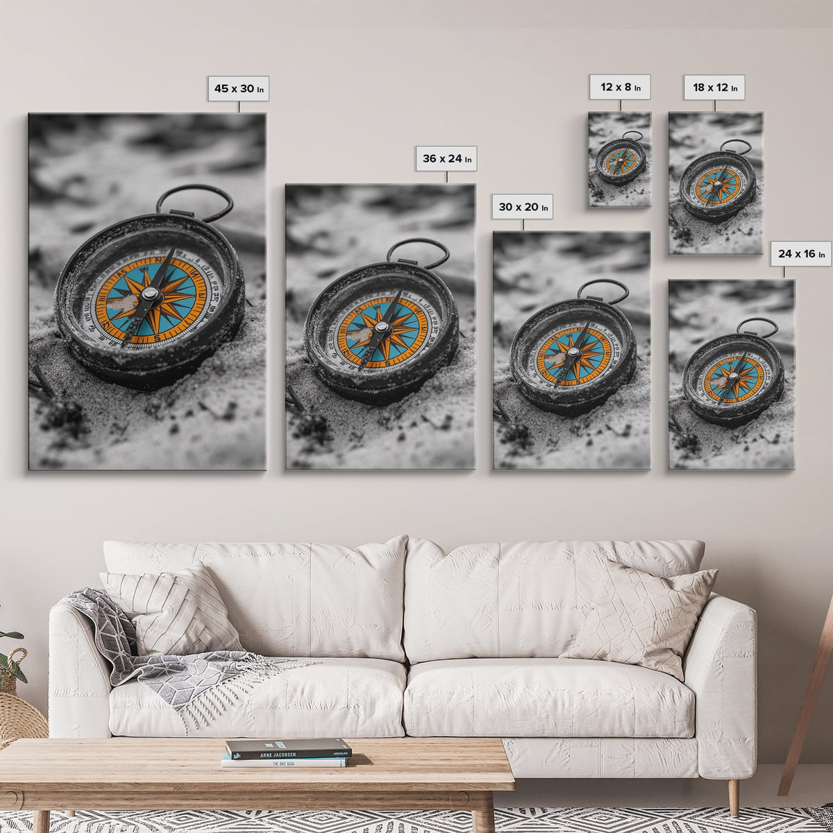 Vintage Compass, Sand Texture, Adventure Theme, Travel Decor, Framed Canvas Print, Boho Wall Art, Study Room Decor, Explorer Gift
