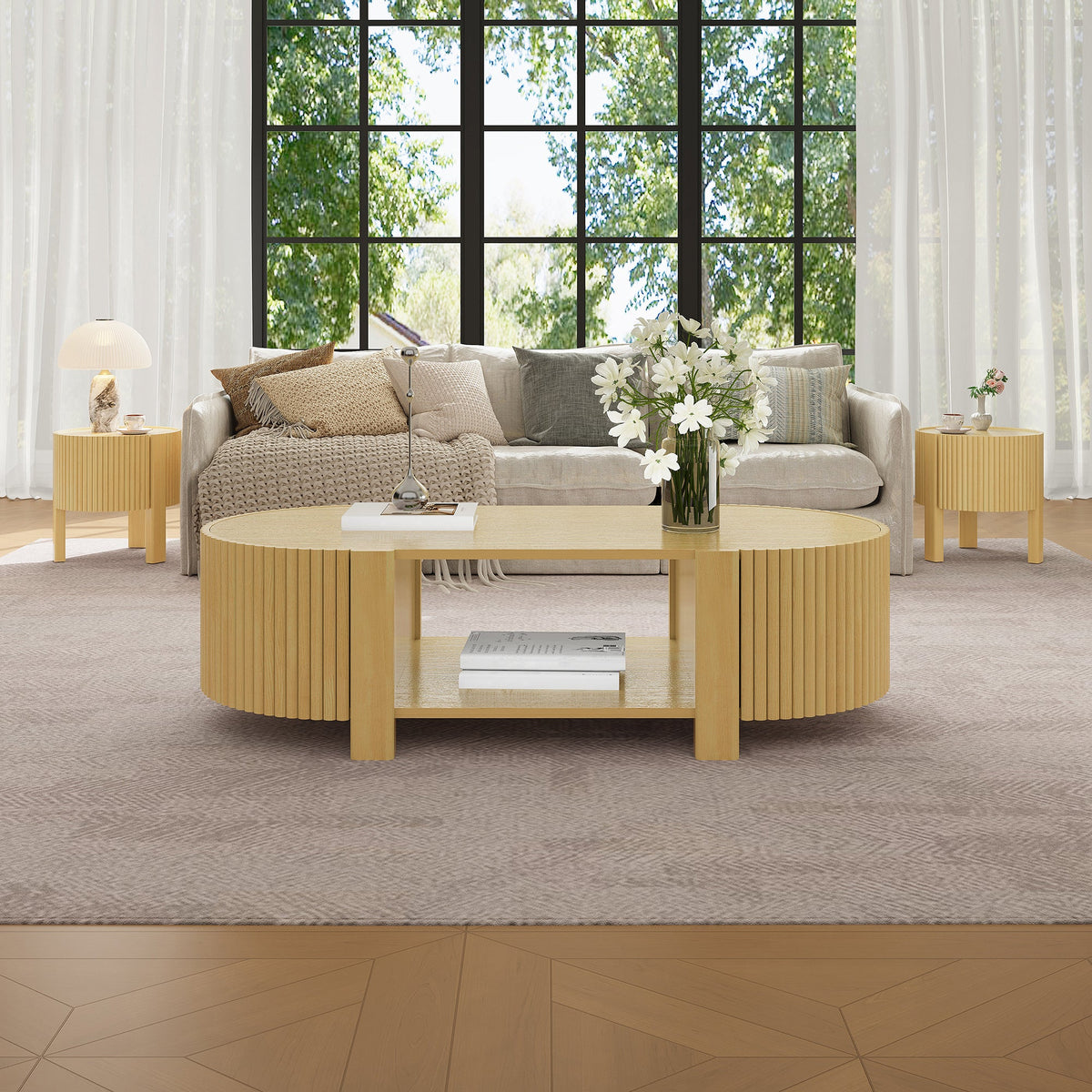 Oval Fluted Coffee Table with Storage for Living Room