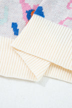 Apricot Abstract Pattern Knit Contrast Striped Trim Short Sleeve Sweater