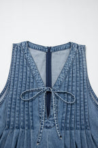 Acid Wash Denim Pleated Tie V-Neck Jumpsuit